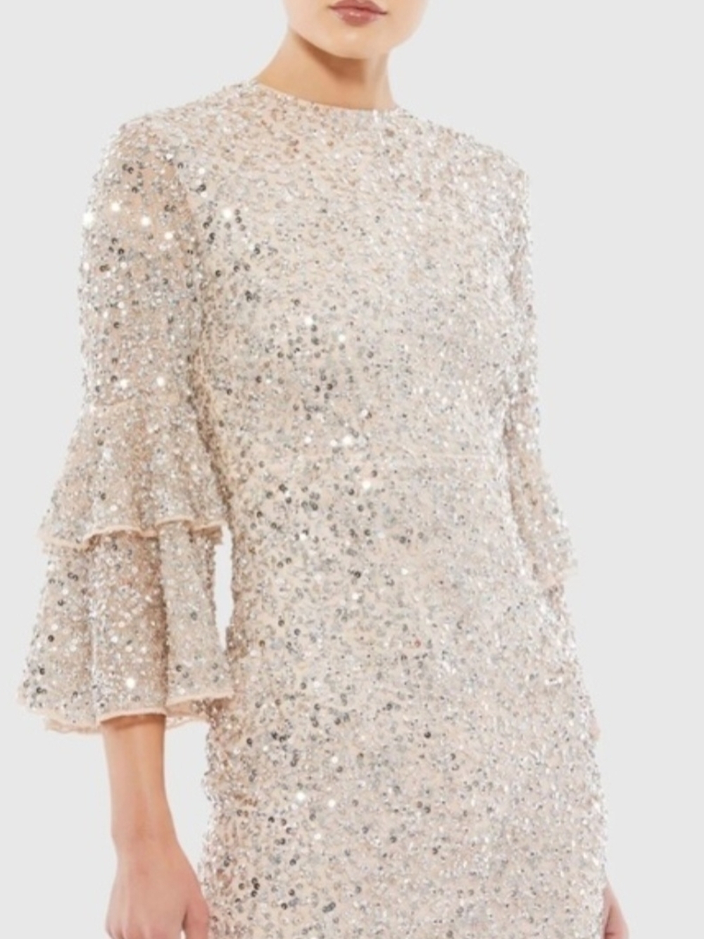 Mac Duggal Sequin Ivory Midi Dress with Tiered Ruffle Sleeves - Picture 2 of 5